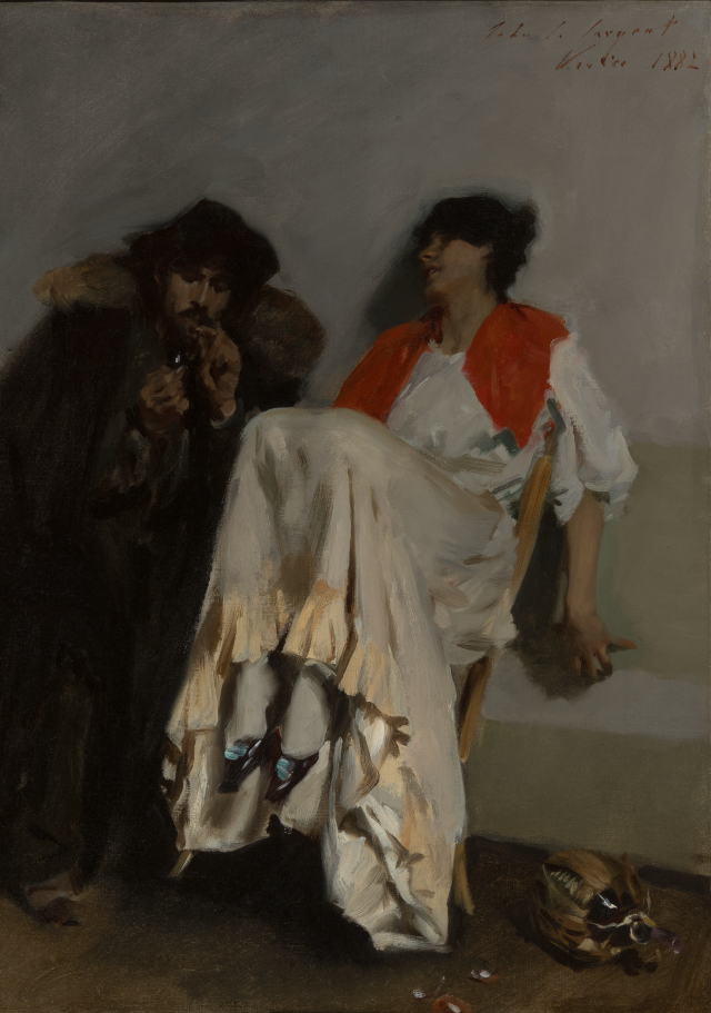 A painting of a man and woman seated next to each other. The man is wearing a black cape and lighting a match.