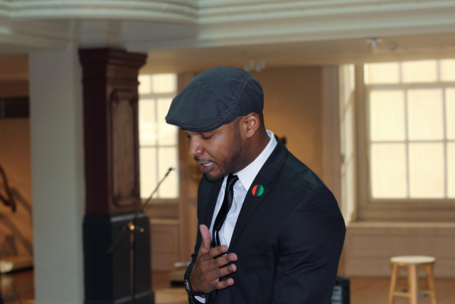 The musician Substantial sings in the Luce Foundation Center.