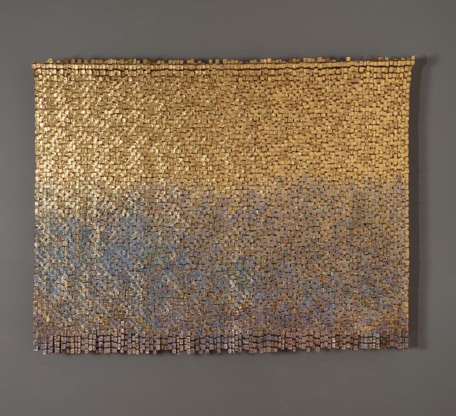 Handwoven linen tapestry with gold leaf 