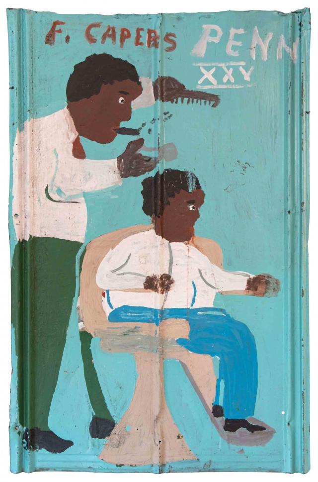 A painting of a man combing and cutting a boy's hair.
