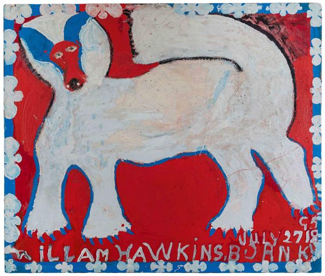 A painting of a white dog on a red background.