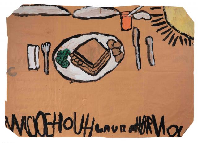 A painting of a plate with a sandwich and other food and silverware.