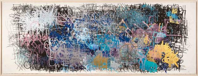 An abstract painting with black, yellow, and blue shapes.