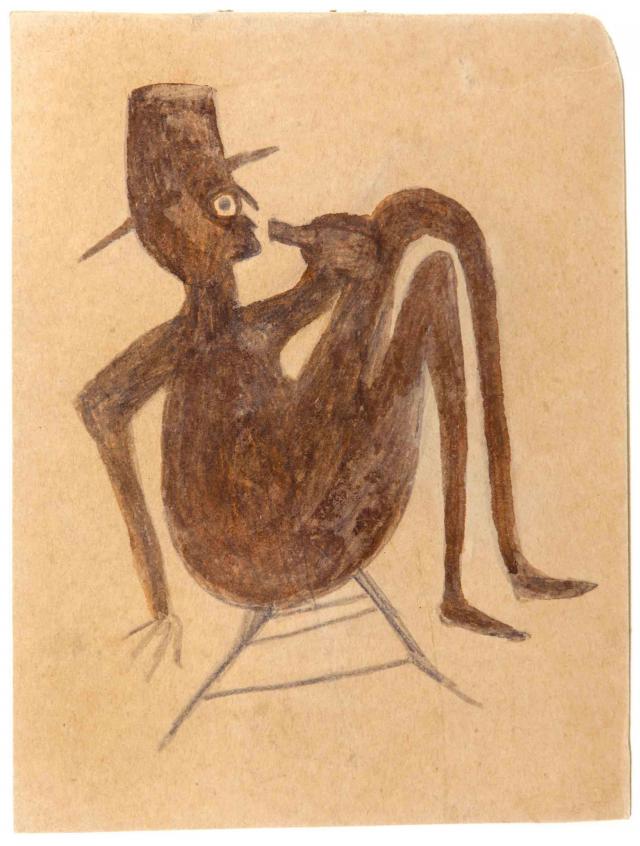 A penceil drawing of a silhouette of a seated man drinking from a bottle.