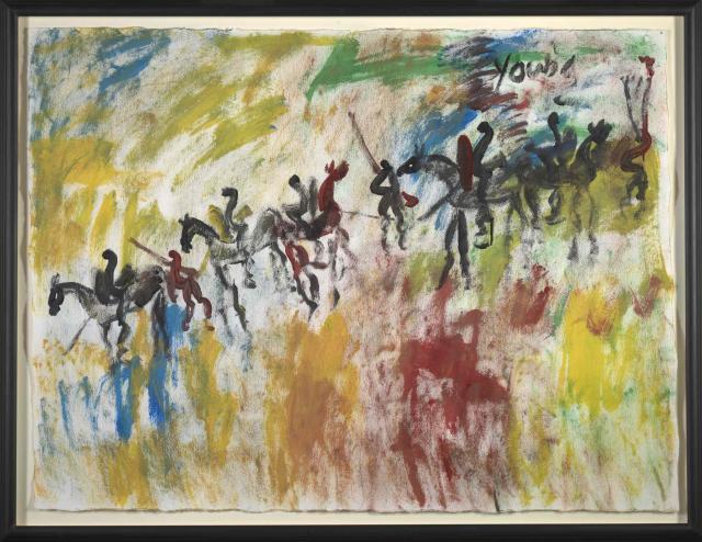 An abstract painting with a red, orange, yellow, and blue foreground and black streak in the middle