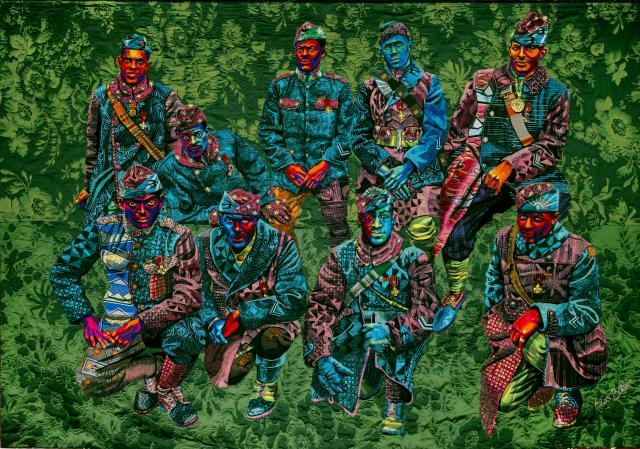 Quilted artwork depicting eight African American soldiers