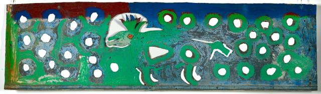 A painting on a piece of pierced sheet metal