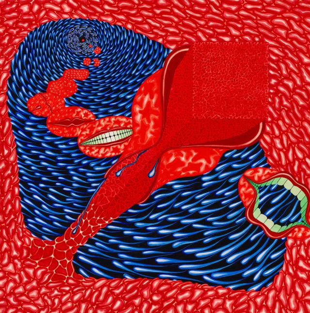 A red and blue artwork made of Gouache and ink on rag board with mouths and various shapes.