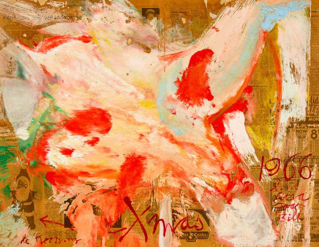 An abstract painting with shades of tan, red, pink, orange, blue, and green.
