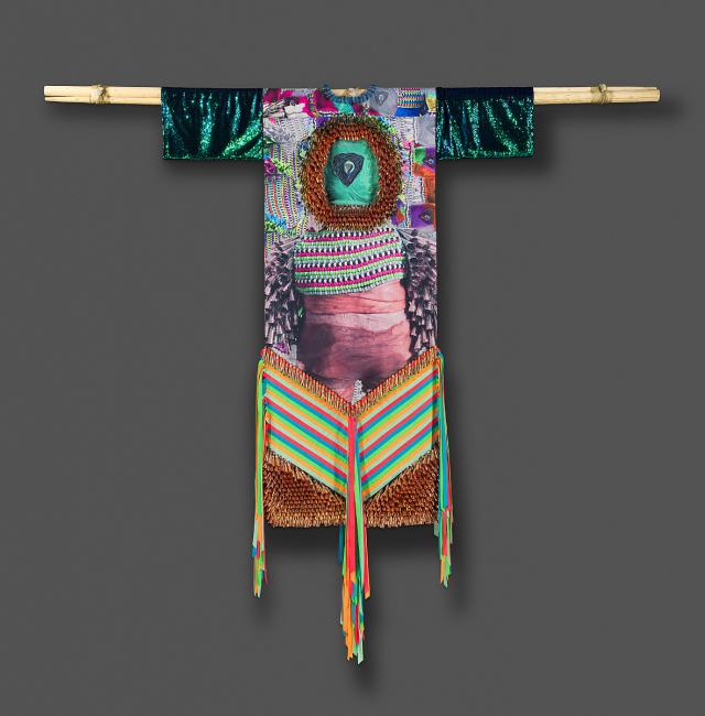 Printed polyester, canvas, sequined fabric, nylon ribbon, copper and tin jingles, plastic beads, artificial sinew, and tipi poles.