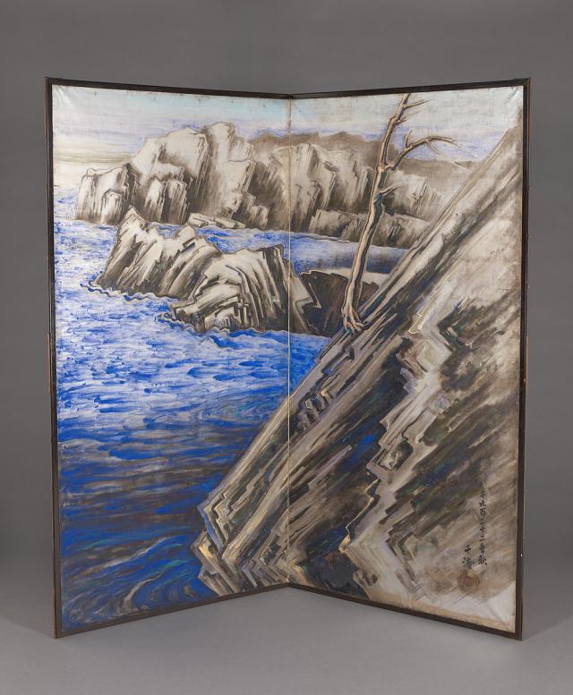 Two panel screen, ink on paper, sea, rocks, and cliff