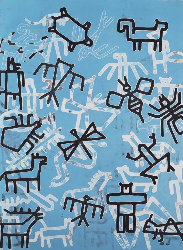 Black and white tribal shapes on a light blue background