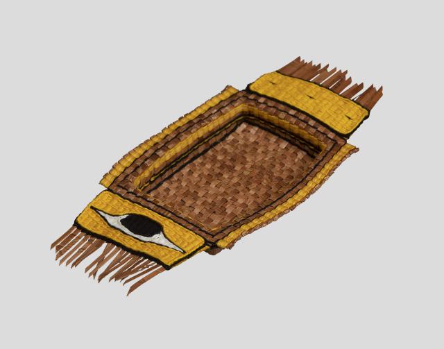 A woven, yellow, brown, and black Native American dish