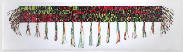 A multi-colored, woven scarf