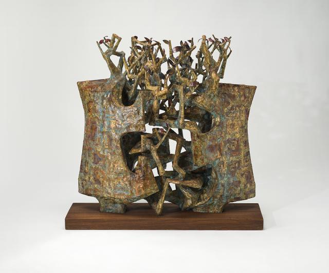Cast and welded copper and brass on wood base