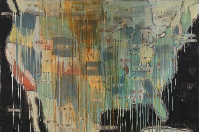 Map of U.S. oil, collage and mixed media on canvas