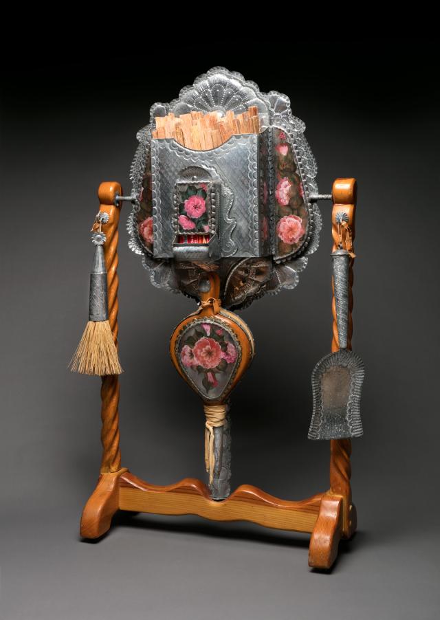 Wood, tin, and glass object to hold fireplace tools.
