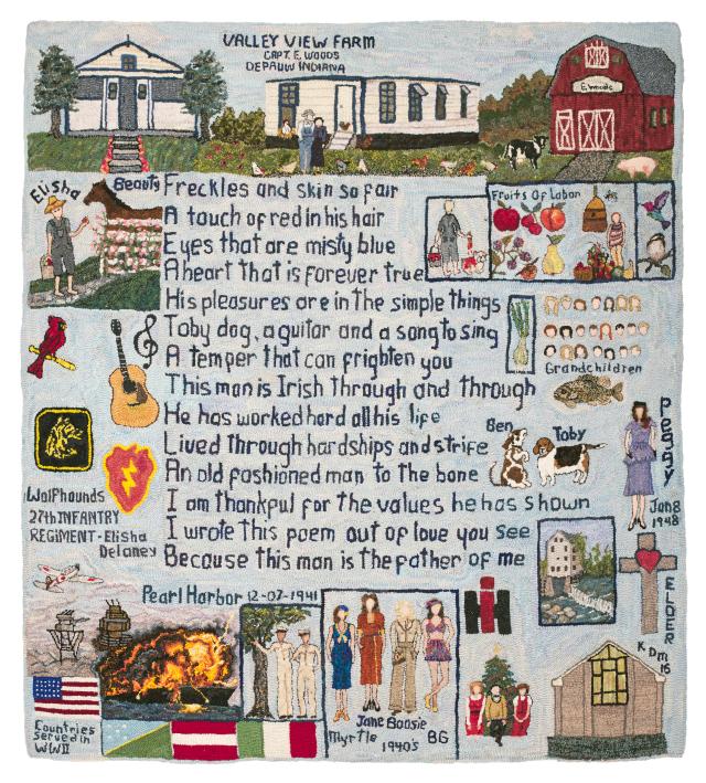 Wook hooked rug with images around the border and a poem in the center.