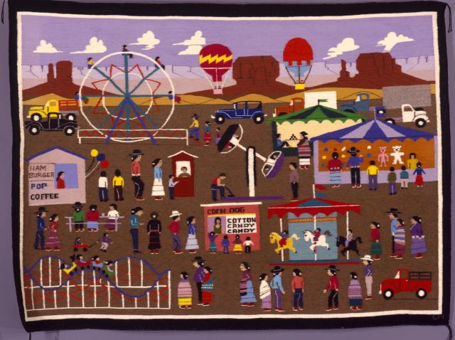 Tapestry showing scenes from a state fair with rides, food vendors, and people scattered throughout.
