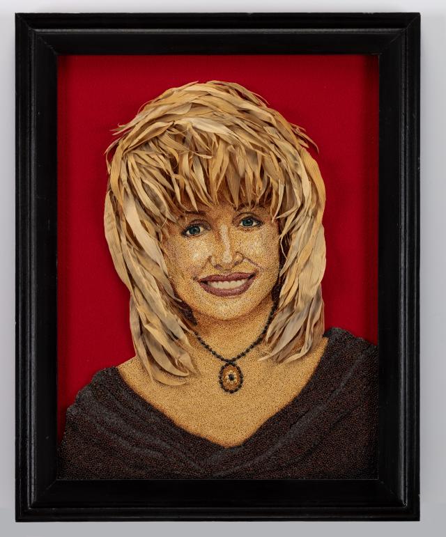 Seed art portrait of Dolly Parton.