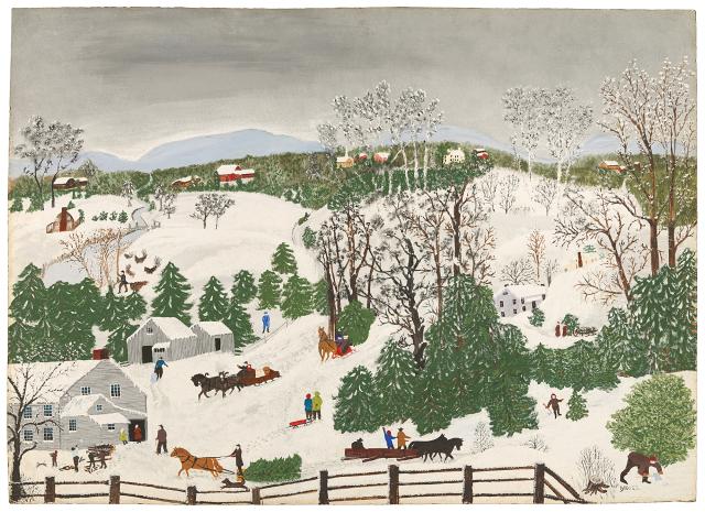 Landscape painting with snowy, rolling hills.