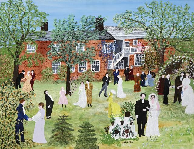 A painting depicting a wedding scene.