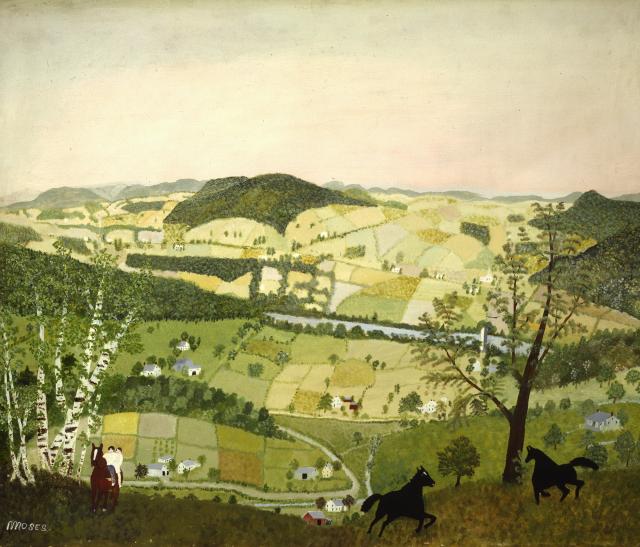 A landscape painting of rolling hills and two black horses.