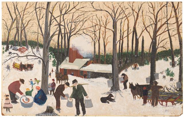Painting of people gathering maple sugar.