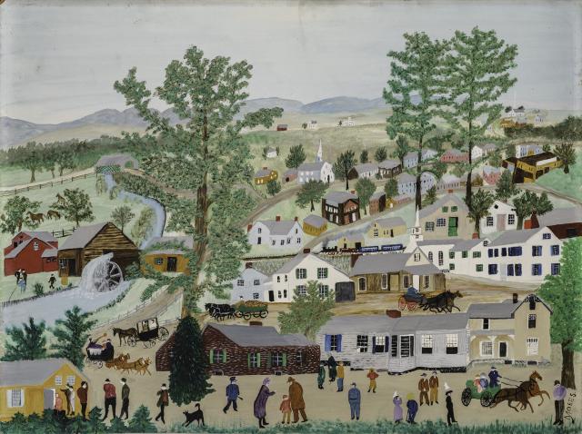 Landscape painting of a busy street of a small town nestled in rolling hils.