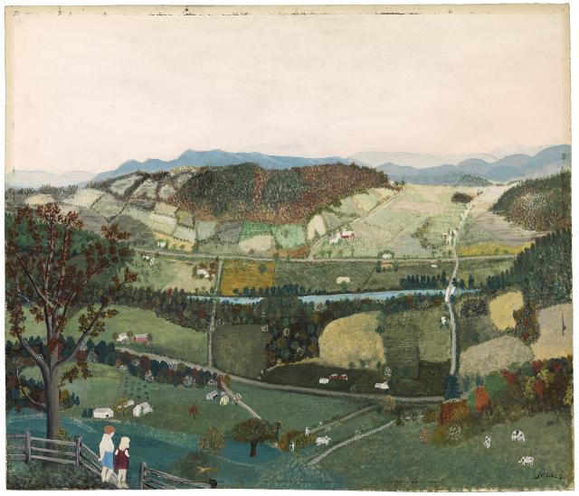 Landscape painting with rolling hills.