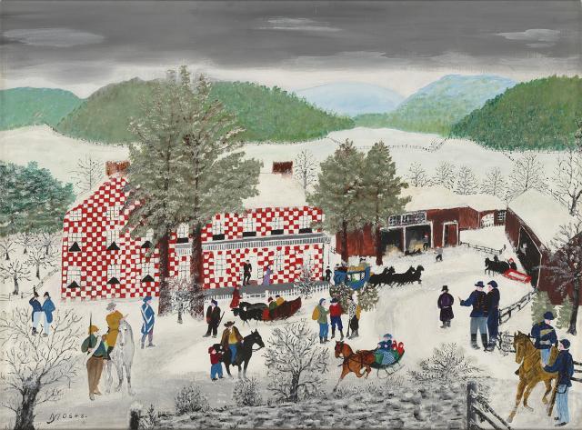 Painting of a red checkered house and people and horses surrounding it.