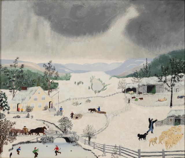 Snowy landscape with dark clouds in the sky.
