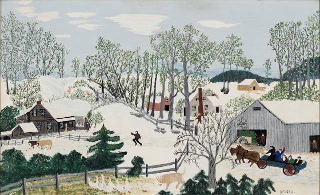 A snowy landscape painting with people and animals in the foreground and farms on rolling hills in the distance.