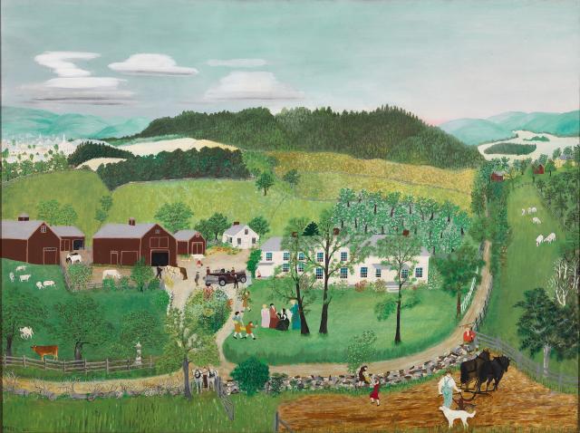 A landscape painting with people and animals in the foreground and farms on rolling hills in the distance.