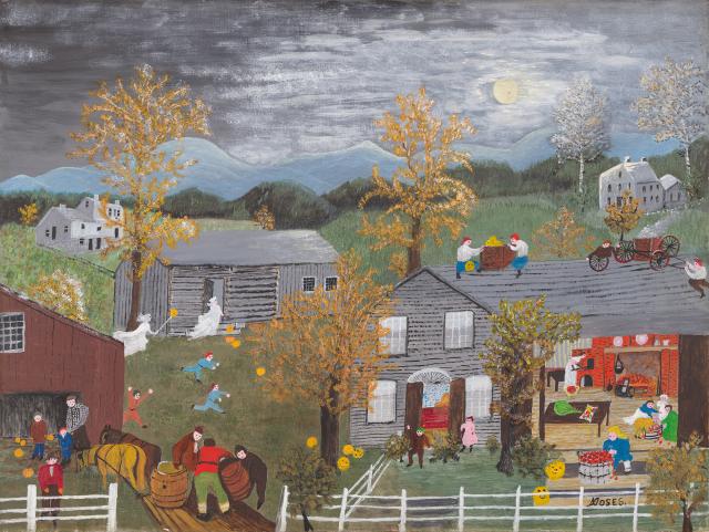 A landscape painting with dark skies and people and animals in the foreground.