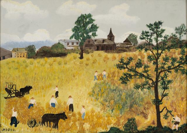 A landscape painting with people and animals in the foreground and farms on rolling hills in the distance.