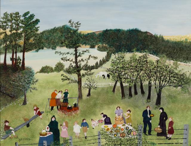A landscape painting with people and animals in the foreground and forests in the distance.