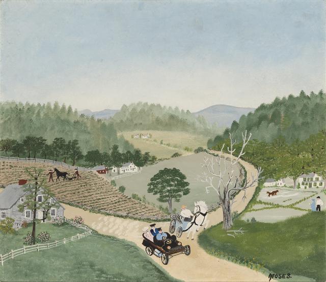 A landscape painting with an old automobile in the foreground and farms on rolling hills in the distance.