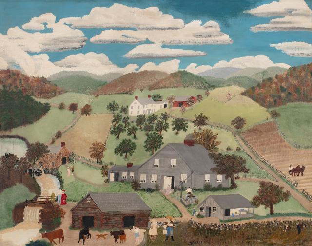 A landscape painting with people and animals in the foreground and farms on rolling hills in the distance.