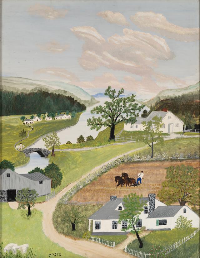 A landscape painting with people and animals in the foreground and farms on rolling hills in the distance.