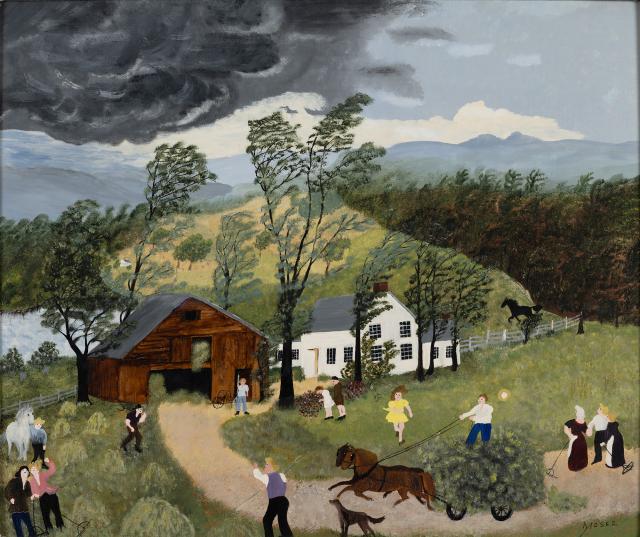 A landscape painting with people and animals in the foreground and farms on rolling hills in the distance.