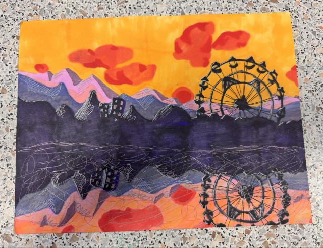 photo of painting with a festival with an orange skyline reflecting off a body of water