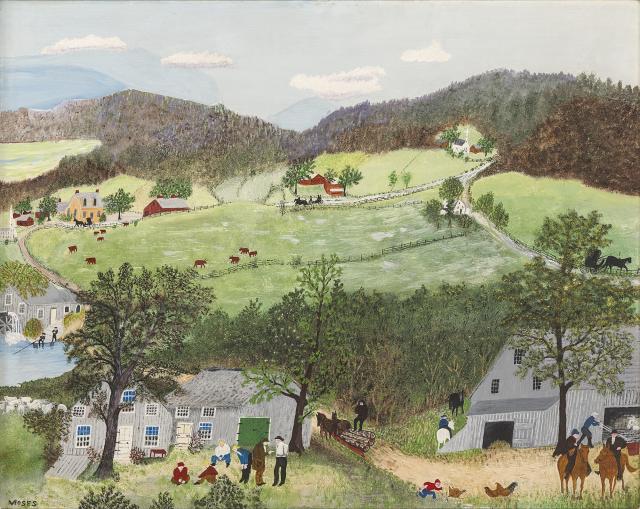 Pastoral scene of rolling green hills and farmers and livestock at rest.