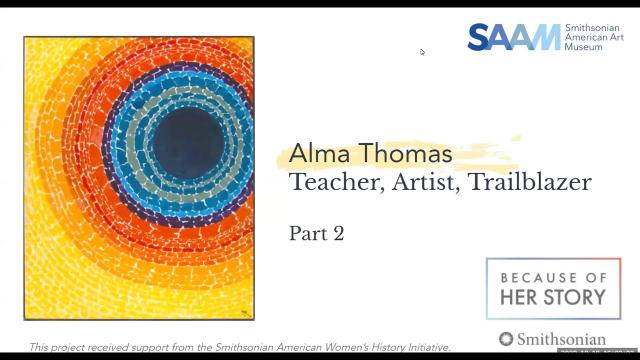 A powerpoint slide showing Alma Thomas's artwork and the title of the educational program