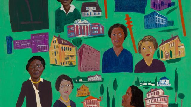 Painting of eight women beside the buildings they created.