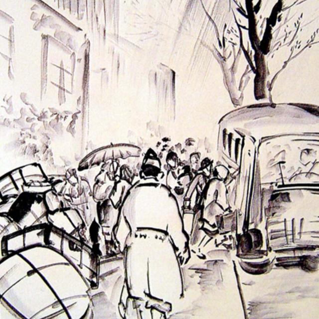 A contour drawing of a man walking down a street. 