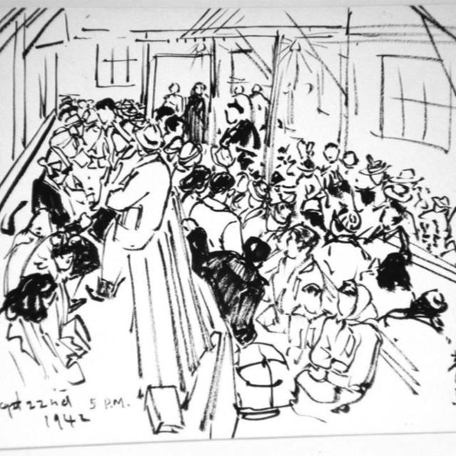A contour drawing of people gathered inside a room.