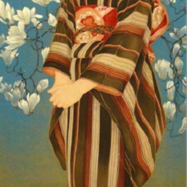 A painting of a woman standing with a flowering tree behind her.