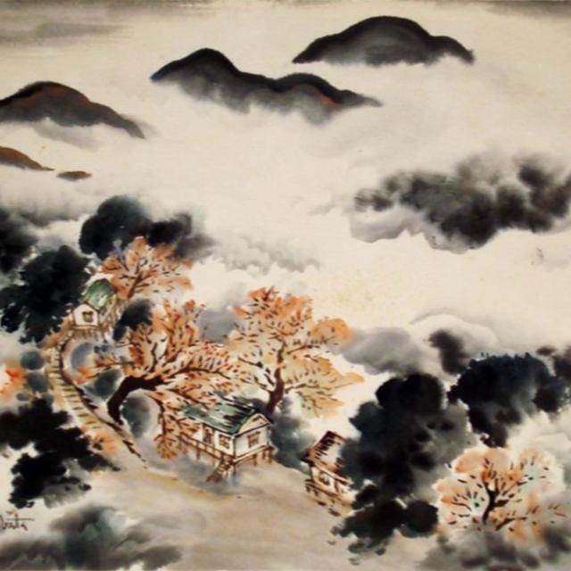A painting with mountains and mist. 