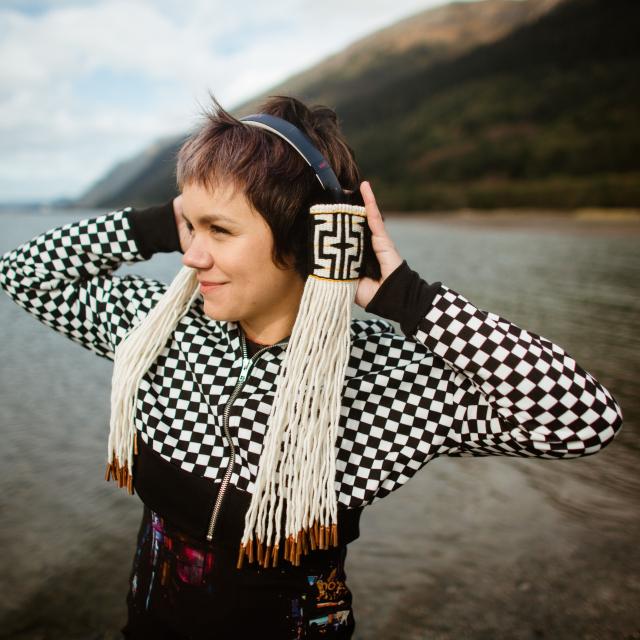 Artist Lily Hope with an ornamental headdress 